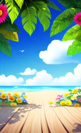 Tropical beach with sunflowers and palm leaves. Vector illustration.の素材
