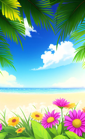Summer background with palm leaves and flowers on the beach. Vector illustration.の素材