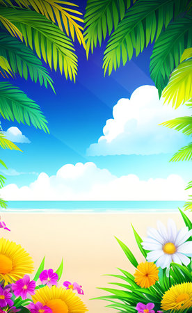 Summer background with tropical flowers and palm leaves. EPS 10 vector file includedの素材