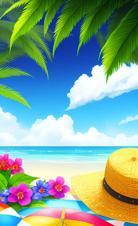 Summer beach background with palm leaves, flowers and hat. Vector illustration.の素材