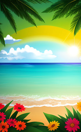 Beach summer background with flowers and palm leaves. Vector illustration.の素材