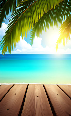 tropical beach with palm leaf and wooden floor, summer vacation backgroundの素材