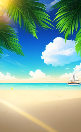 Tropical beach with palm trees and sailboat. Vector illustration.の素材