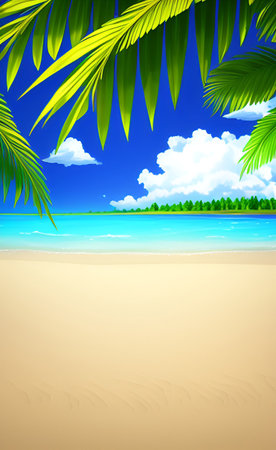 tropical beach with palm leaves and blue sky. Vector illustration.の素材