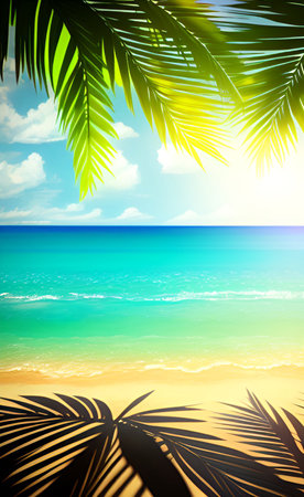 Tropical beach with palm leaves and blue sky, vector illustrationの素材