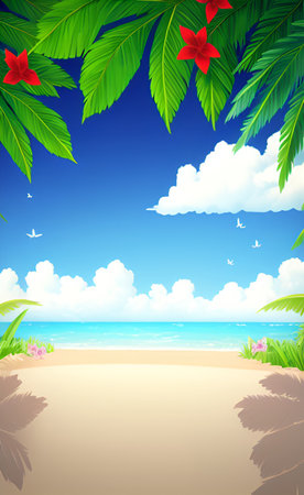 Beach background with palm leaves, flowers and birds. Vector illustration.の素材