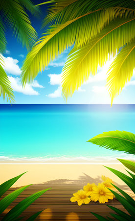 Tropical beach with palm leaves and flowers. Vector illustration.の素材