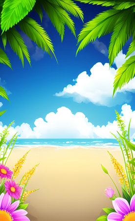 Summer background with palm leaves and flowers. Vector illustration. Eps 10.の素材