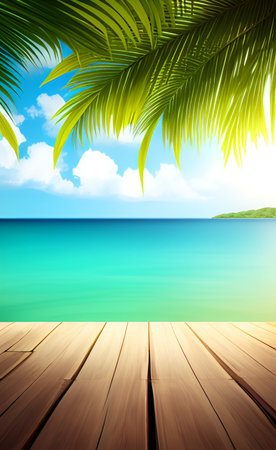 Tropical beach with palm leaves and wooden pier. Vector illustration.の素材