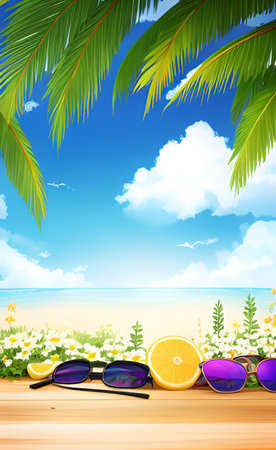 Summer background with sunglasses and lemon on the beach. Vector illustration.の素材