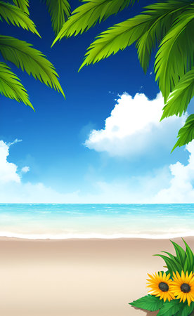 Summer beach background with sunflowers and palm leaves. Vector illustration.の素材