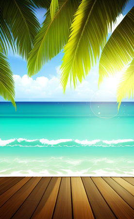 Beautiful tropical beach with coconut palm leaves. Vector Illustration.の素材
