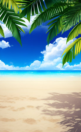 tropical beach with palm leaves on sand and blue sky with cloudsの素材