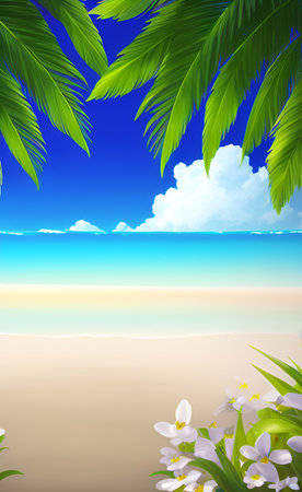 Summer beach background with palm leaves and flowers. EPS 10 vector file includedの素材