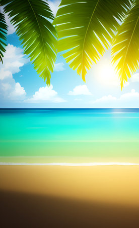Tropical beach with palm leaves and sunbeams. Summer backgroundの素材