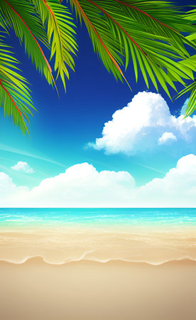 tropical beach with palm leaves and sea, vector illustration. EPS10の素材