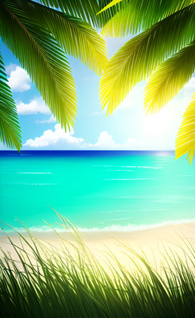 Tropical beach with palm leaves and blue sky. Vector illustration.の素材