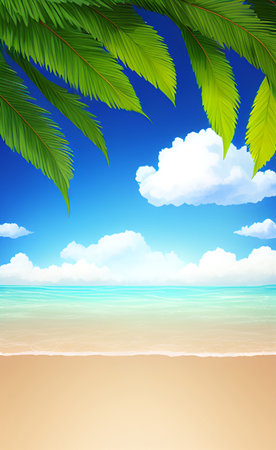 Tropical beach with palm leaves and blue sky. Vector illustration.の素材