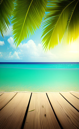 Wooden floor on tropical beach with palm leaves and sea background.の素材