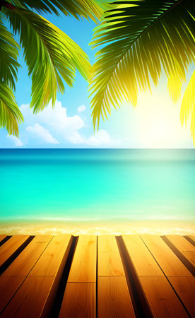 tropical beach with palm leaves and wooden deck, vector illustration.の素材