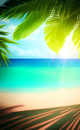 Tropical beach with palm tree and sun on blue sky backgroundの素材