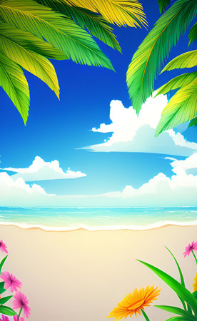Summer beach background with palm leaves and flowers. EPS10 vector.の素材