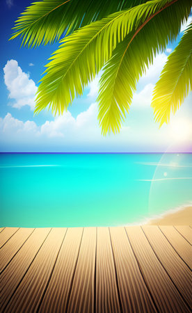 Tropical beach with palm leaves and wooden pier. Vector illustration.の素材