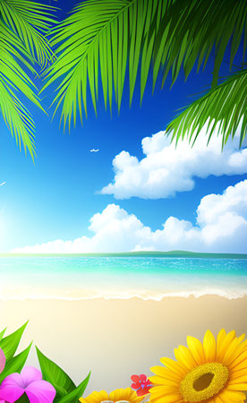 tropical beach with sunflowers and palm leaves, vector illustrationの素材