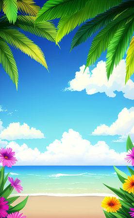Summer beach background with palm leaves and flowers. EPS10 vector.の素材