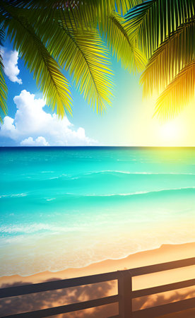 Tropical beach with palm leaves. Summer vacation background. 3d renderの素材