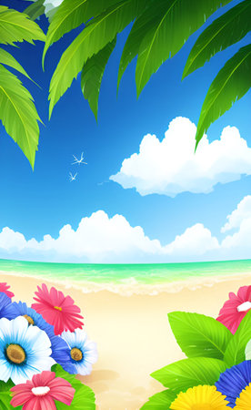 Summer background with flowers and palm leaves. EPS10 vector file includedの素材