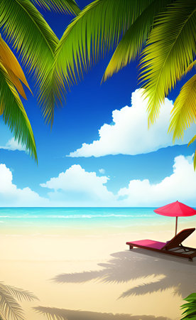 Paradise beach with palm trees and sunbed. Vector illustration.の素材