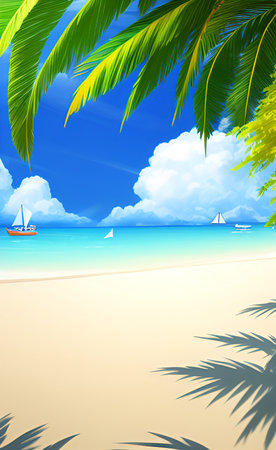 tropical beach with palm trees and sailboat, vector illustration.の素材