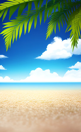 Tropical beach with palm leaves on sand and blue sky backgroundの素材