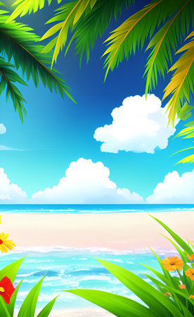 Tropical beach with palm leaves and flowers. Vector illustration.の素材