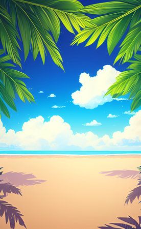 Tropical beach with palm leaves and blue sky. Vector illustration.の素材