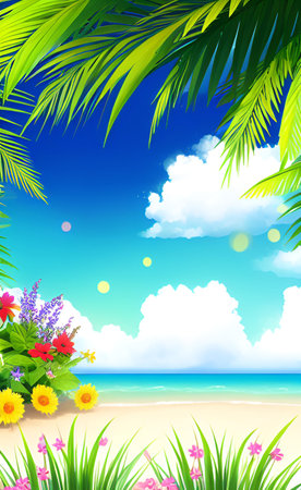 Summer background with palm leaf, flowers and blue sky. Vector illustration.の素材