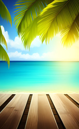 Wooden deck on tropical beach with palm leaves. Vector illustration.の素材