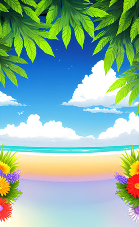 Beach background with flowers and blue sky. EPS 10 vector file includedの素材