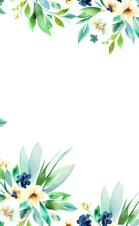 Watercolor Floral Frame with Green Leaves and Flowers on White Backgroundの素材