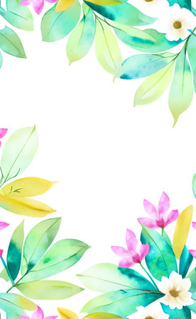 Watercolor floral frame. Hand painted watercolor flowers and leaves on white background.の素材