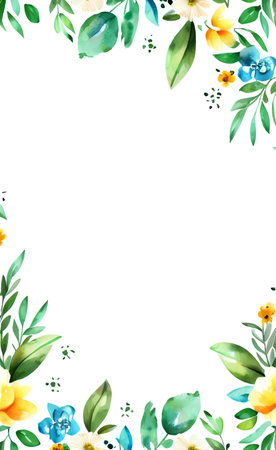 Watercolor floral frame. Hand painted flowers and leaves isolated on white background.の素材