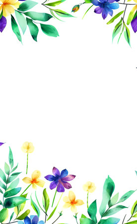 Watercolor floral border with colorful flowers and leaves on white background.の素材