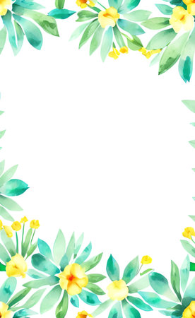 Watercolor floral frame with yellow flowers and green leaves on white backgroundの素材