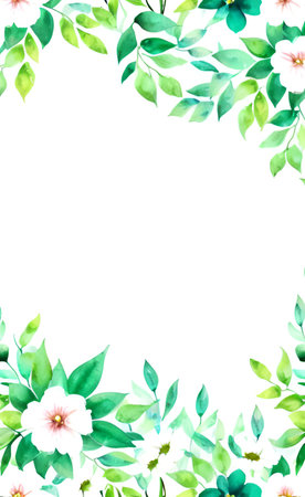 Watercolor floral frame with green leaves and flowers on a white backgroundの素材