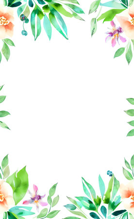 Watercolor floral frame. Hand painted flowers and leaves isolated on white background.の素材