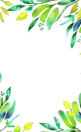 Watercolor floral frame with green leaves on white background. Hand drawn illustration.の素材