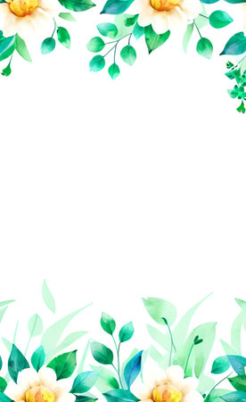 Watercolor floral frame isolated on white background. Hand drawn flowers, leaves and branches.の素材
