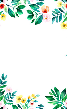 Watercolor floral frame with green leaves and flowers on white background.の素材
