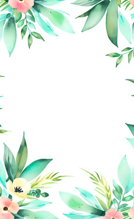 Watercolor floral frame with green leaves and flowers. Hand drawn illustration isolated on white background.の素材